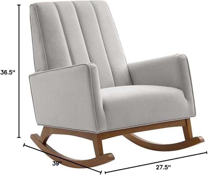 Maklaine Modern Performance Velvet Rocking Chair 36.5H x 27.5W x 39D Light Gray Upholstery Stain-Resistant Fabric Channel Tufting Wooden MDF Base Comfortable Accent Chair for Living Room or