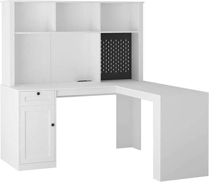 L Shaped Computer Desk with Pegboard &amp Charging StationHome Office Corner Desk with Drawer Bookshelf &amp Hutch Writing Desk with StorageComputer Desk for BedroomOfficeLiving Room (White)