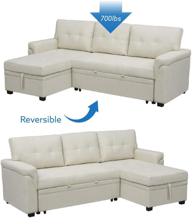 Naomi Home Transform Any Space: Sleeper Sectional Sofa with Convertible Sofa Bed &amp Inviting Chaise &amp Durable Cushions for Lounge Living Room - White/Air Leather