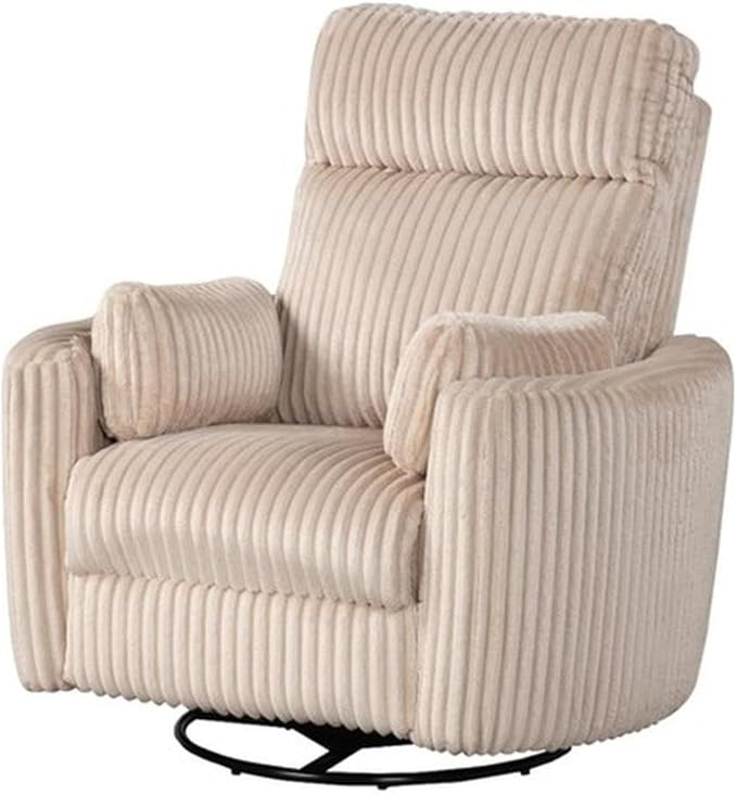 Pemberly Row Modern Large Corduroy Fabric Swivel Recliner Upholstered Seating Chair with Swivel Reclining Mechanism for Indoor Seating Use Fabric Construction in Ivory Finish