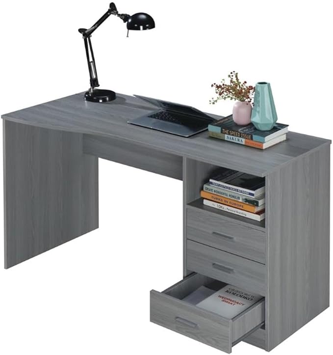 Pemberly Row Contemporary Writing Desk 51.25 in Wide Gray Finish Heavy-Duty Particle Board and Steel 3 Drawers Side Shelf Large Workstation or Drafting Table for Office or Home Use