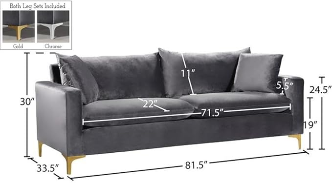 Meridian Furniture Naomi Collection Modern | Contemporary Grey Velvet Upholstered Sofa with Stainless Steel Base in a Rich Gold or Chrome Finish