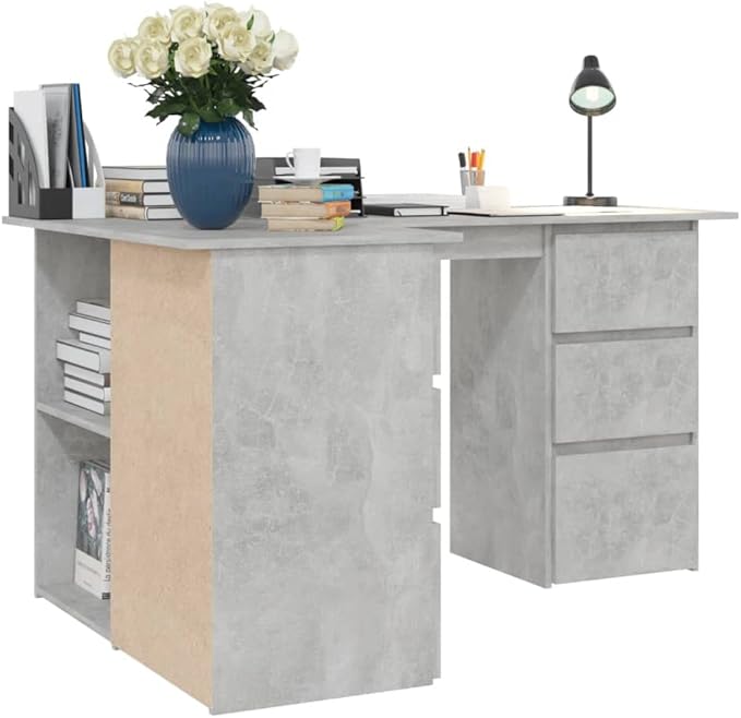 L-Shaped Writing Desk Corner Computer Desk with Drawer and Shelves 57.1in Study Table Workstation for Home Office Multipurpose PC Laptop Table Work Table Office Desk (Concrete Gray)