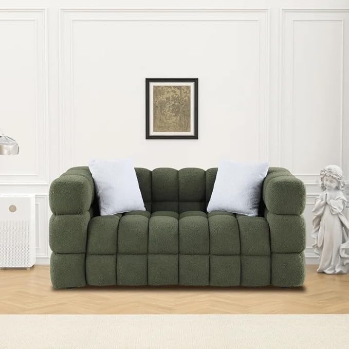 Modern Boucle Loveseat Couch for Living Room 61'' Sherpa Upholstered Sofa Couch Comfy Cloud Deep Seat Sofa Luxury Minimalist Plush Fluffy Couch for Small Apartment Office 2 Pillows Green