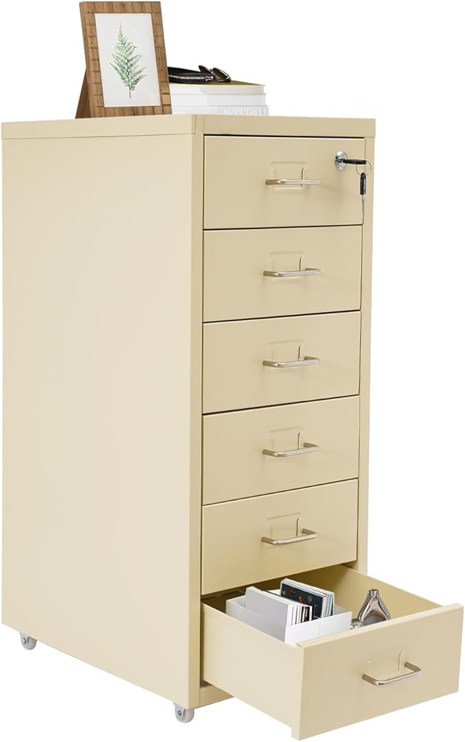 6 Drawer File Cabinet Metal Mobile Office Filing Organizer Vertical Lockable Office Filing Cabinet Heavy-duty Steel File Storage Cabinet with Keys and Wheels for Study Office Living Room (Beige)