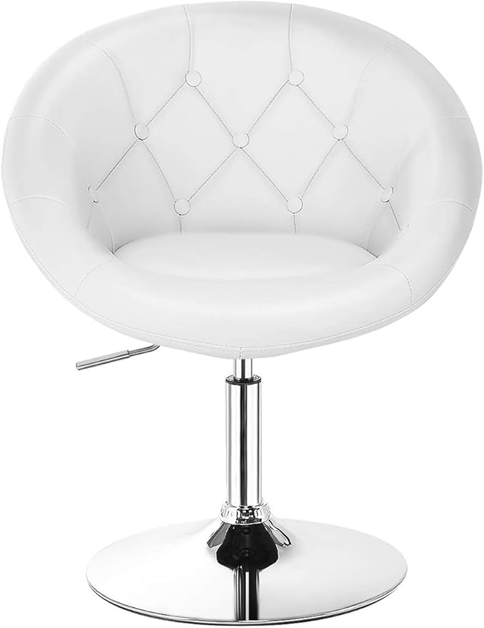 LDAILY LUARANE Modern Vanity Chair Height Adjustable PU Leather Accent Chair with Metal Frame Round Tufted Back Tilt Swivel Makeup Chair for Living Room Bedroom Lounge Pub White (1)
