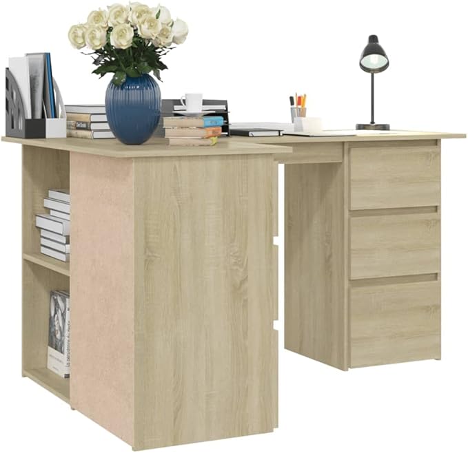 L-Shaped Writing Desk Corner Computer Desk with Drawer and Shelves 57.1in Study Table Workstation for Home Office Multipurpose PC Laptop Table Work Table Office Desk (Brown)