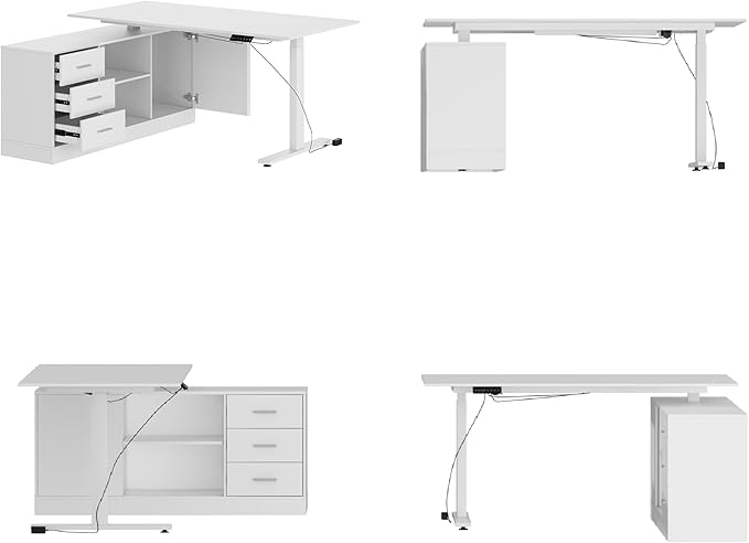 63 W L Shaped Standing Desk with Cabinet Electric Height Adjustable &amp Reversible Corner Computer Desk with Drawers &amp Storage Shelves for Home Office White