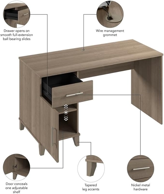 Bush Home Somerset 54W Office Desk with Drawer and Cabinet in Ash Gray Computer Table with Storage for Home Office Workspace