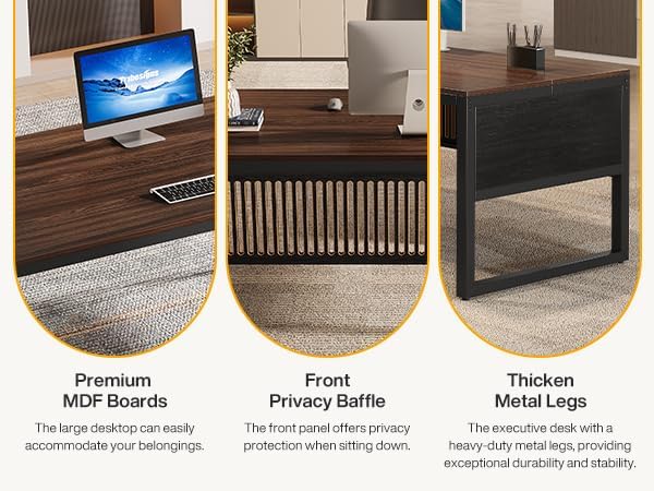 Tribesigns 63-Inch Executive Desk Modern Home Office Desk for Workstation Computer Desk with Sturdy Legs for Home Office (Dark Walnut &amp Black Only Table)