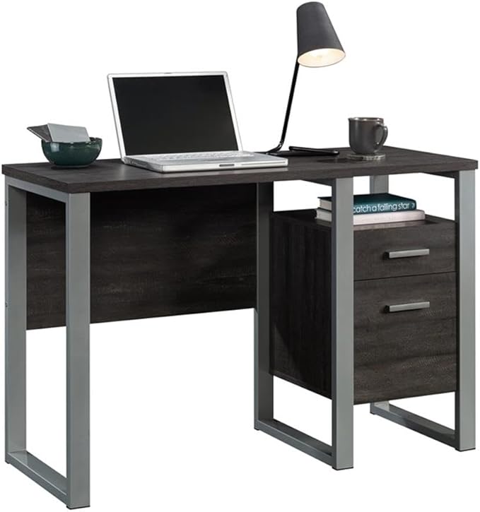Pemberly Row Contemporary Single Pedestal Desk 45 in Wide Engineered Wood and Metal Construction Blade Walnut and Silver Finish with Storage Drawers and Shelf Home Office Computer Table
