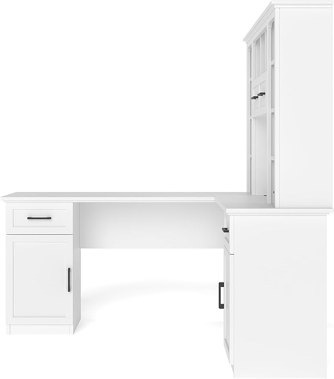 L Shaped Desk with Hutch Corner Computer Desk with Storage Shelf &amp Cabinet Laptop Pc Table Gaming Desk Workstation Modern Executive Study Writing Desk for Home Office Bedroom (White)