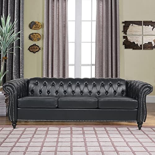 RARZOE Modern 3 Seater PU Chesterfield Sofa Upholstered Tufted Button Leather Chesterfield Couch Classic Faux Leather Settee with Nailhead Trim Scroll Arms for Living Room Bedroom(Black)