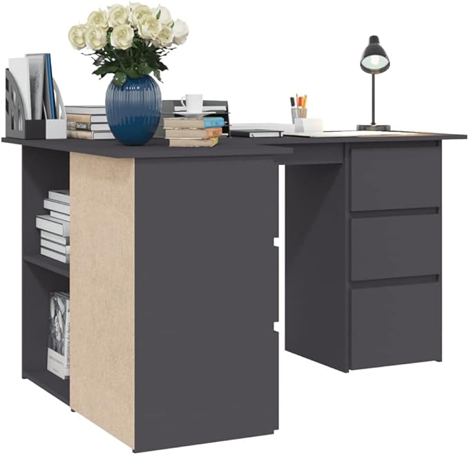 L-Shaped Writing Desk Corner Computer Desk with Drawer and Shelves 57.1in Study Table Workstation for Home Office Multipurpose PC Laptop Table Work Table Office Desk (Gray)