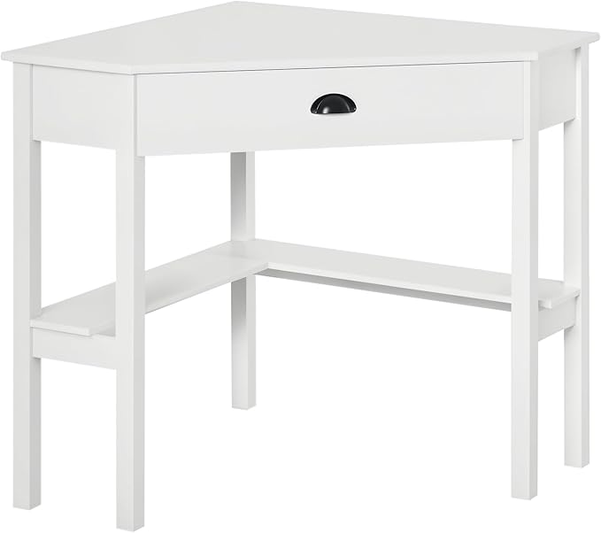 HOMCOM Corner Desk Triangle Computer Desk with Drawer and Storage Shelves for Small Spaces Home Office Workstation for Living Room or Bedroom White