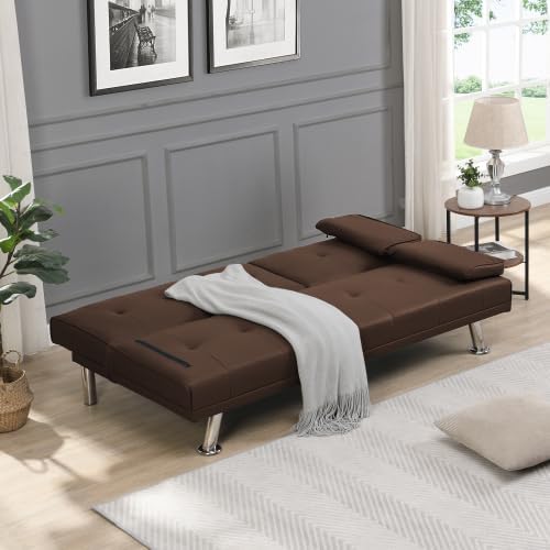 Convertible Folding Futon Sofa Bed with Metal Legs &amp 2 Cupholders Modern New Upholstered Couch Loveseat Sleeper Folding Couches Bed Removable Armrests for Small Spaces (Brown)