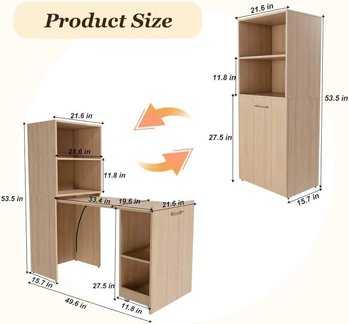 KEIKI Home Office Stretchable Desks with Storage Shelves and Mobile Wheels Modern Wood Foldable Desk Gaming Computer Corner Table for Apartments Work Study Writing Natural