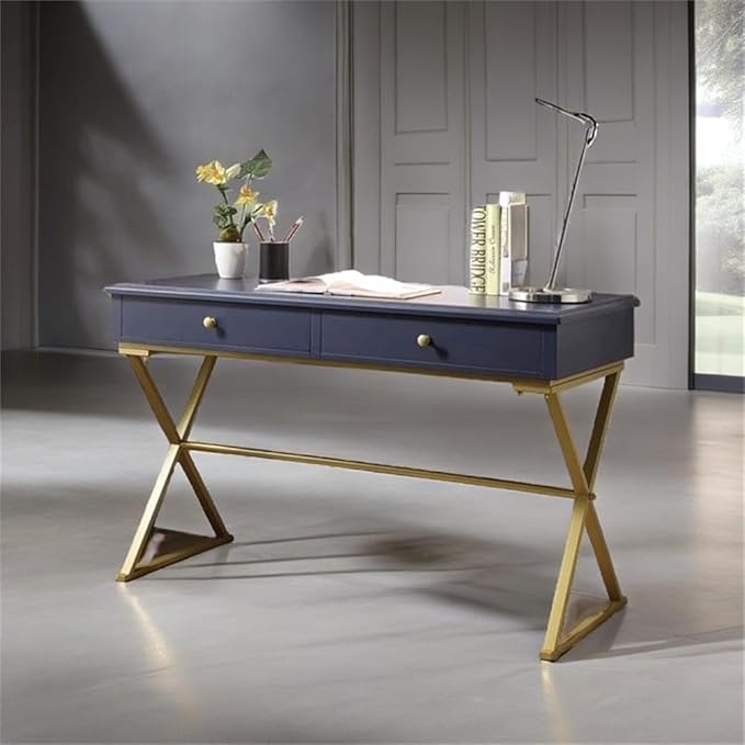 Scranton &amp Co 47 W Mid-Century Metal &amp Wood Writing Desk Sleek Design Incredible Quality for Office/Home Decor in Blue &amp Gold Finish