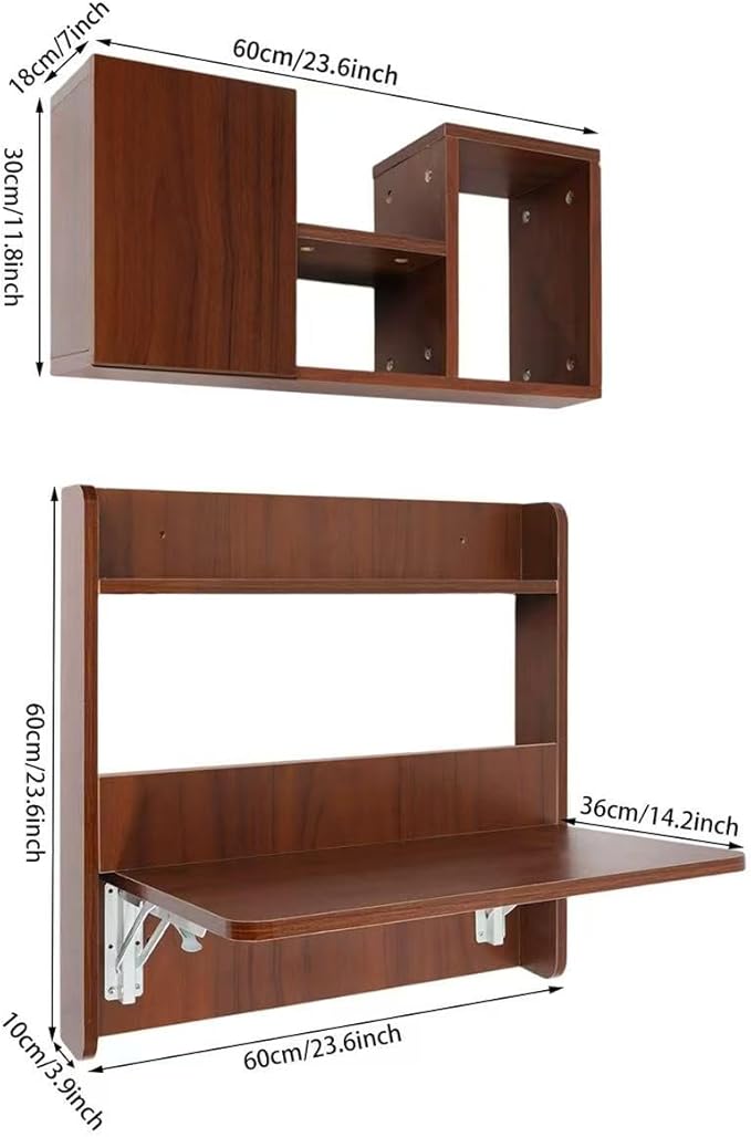 Wall Mounted Folding Desk Solid Wood Floating Laptop Desk with Wall Mounted Bookshelf for Living Room Coffee Shop Apartments 88lbs Table Load-Bearing (Walnut Color)