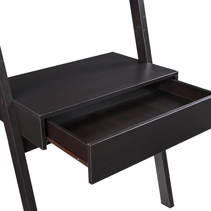Cappuccino Wall Leaning Ladder Computer Desk with Drawer and 2 Shelves Space-Saving Modular Modern Design Home Office Desk for Bedroom Living Room or Apartment