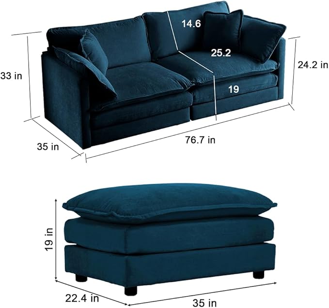 kevinplus 70'' Blue Loveseat Sofa Couch with Convertible Ottoman for Living Room Modern Contemporary 2-Seat Sofa Couch for Bedroom Apartment Small Spaces Chenille Fabric (Loveseat + 1 Ottoman)