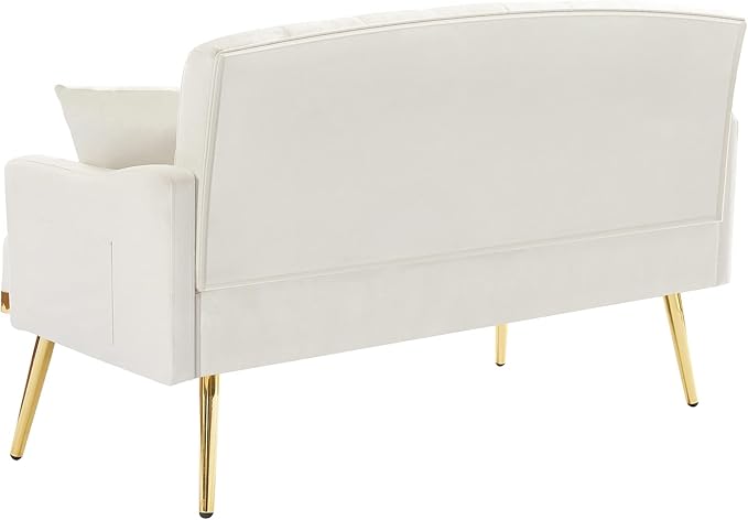 Velvet Tufted Small Loveseat Sofa Modern 2 Seater Accent Sofa Couch with Gold Metal Legs and 2 Pillows for Living Room (Cream White)