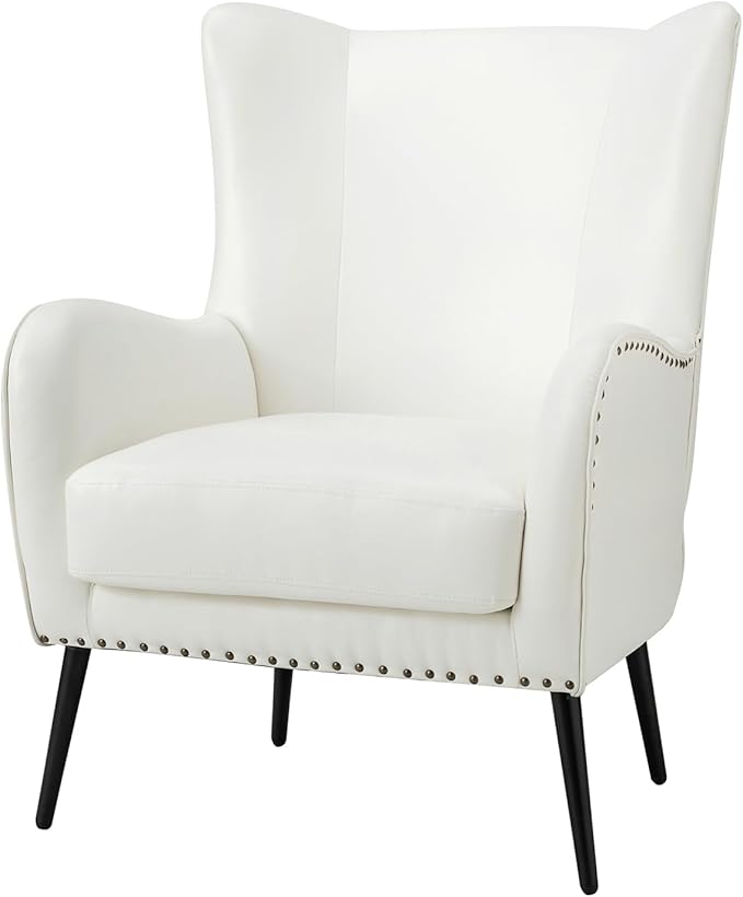 HULALA HOME Faux Leather Accent Chair with Removable Cushion Comfy Upholstered Armchair with Black Metal Legs &amp Nailhead Trim Wingback Vanity Chair for Reading Living Room Bedroom Ivory