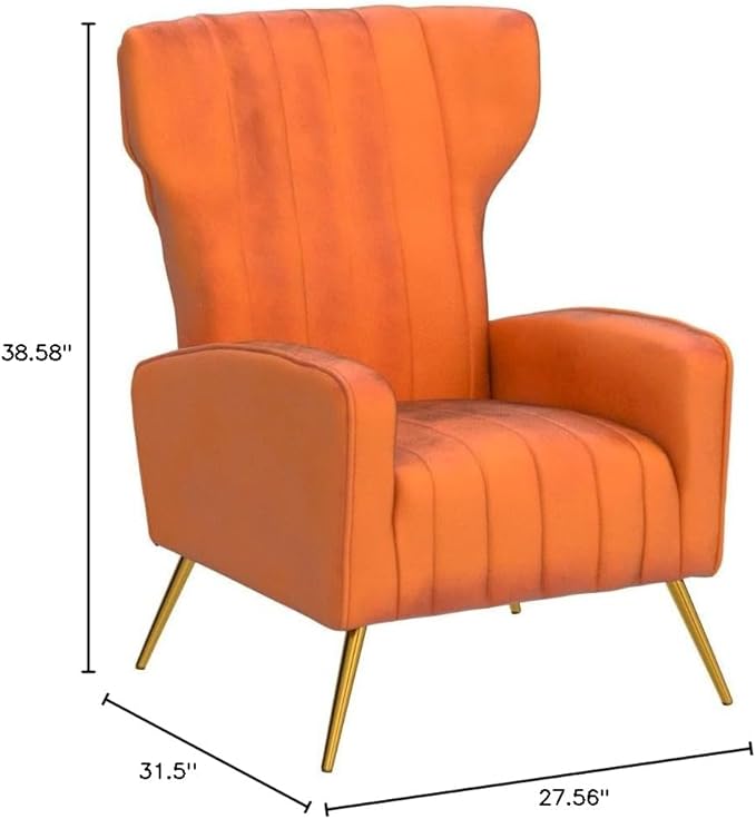 Modern Velvet Accent Chair Channel Tufted Bedroom Office or Living Room Furniture with Elegant Metal Legs 26 Wide Armchair Orange Red
