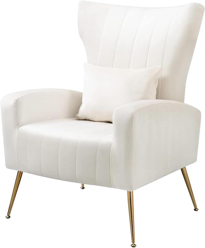 Velvet Accent Chairs Set of 2 Modern Living Room Chair with Gold Legs &amp Pillow Bedroom Side Chair with High Wingback White