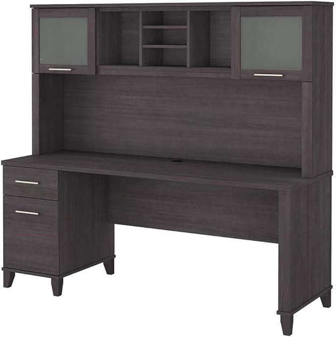 Pemberly Row 72W Office Desk with Drawers and Hutch Storm Gray Finish Engineered Wood Frosted Glass Doors Wire Management Spacious Work Surface for Home Office or Study