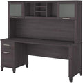 Pemberly Row 72W Office Desk with Drawers and Hutch Storm Gray Finish Engineered Wood Frosted Glass Doors Wire Management Spacious Work Surface for Home Office or Study