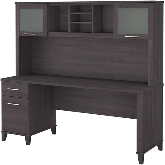 Pemberly Row 72W Office Desk with Drawers and Hutch Storm Gray Finish Engineered Wood Frosted Glass Doors Wire Management Spacious Work Surface for Home Office or Study