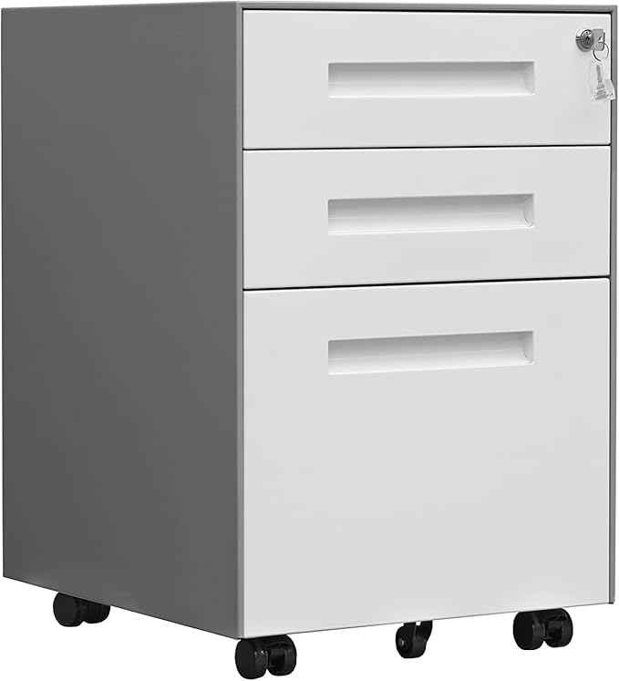 Generic 3 Drawer Mobile File Cabinet with Lock Steel File Cabinet for LegalLetterA4F4 Size Fully Assembled Include Wheels Home Office Design White+gray