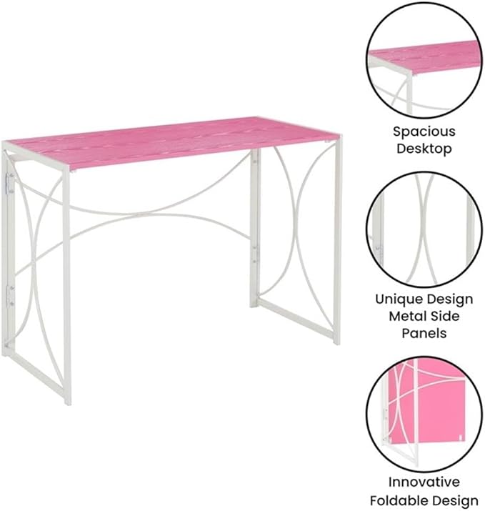 Pemberly Row Folding Desk 39.5 x 19.75 x 29.5 in Pink Wood Top White Metal Frame Space-Saving Design Lightweight Portable Desk for Home Office Dorm Room Compact Workspaces