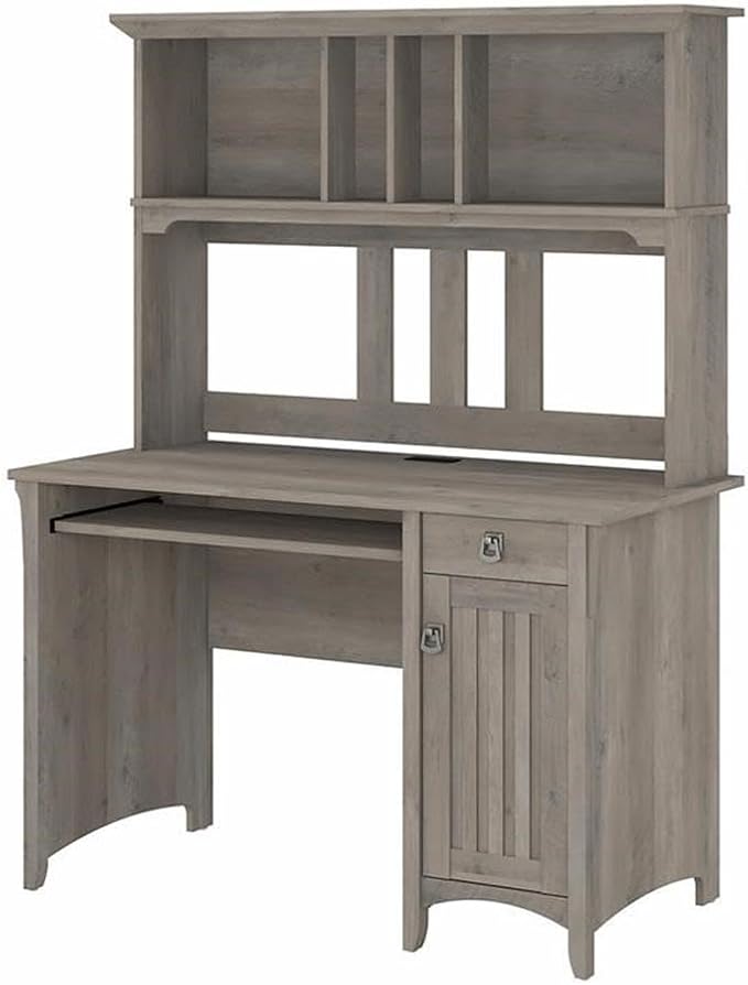 Pemberly Row Small Computer Desk with Hutch Driftwood Gray Finish Engineered Wood 47W x 23D x 63H Compact Design Mission Style Built-in Wire Management and Storage for Home Office Use