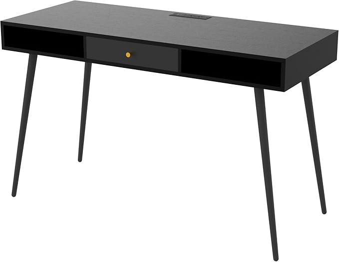 Mid Century Desk with USB Ports and Power Outlet Modern Writing Study Desk with Drawers Multifunctional Home Office Computer Desk Black