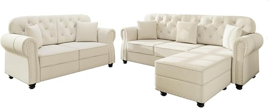 Beige Tufted Chesterfield Sofa Set with Rolled Arms &amp Nailhead Trim Velvet Upholstered Living Room Couch with Ottoman 3-Seater &amp Loveseat Solid Wood Frame Modern Classic Design