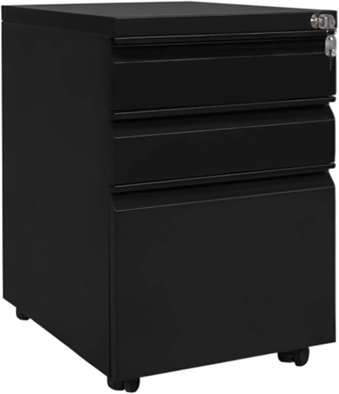 Office File Cabinet Locked Filing Cabinet 3 Drawers with Adjustable Wheels Under Desk Storage(Color:Black)