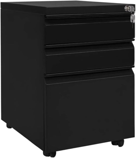 Office File Cabinet Locked Filing Cabinet 3 Drawers with Adjustable Wheels Under Desk Storage(Color:Black)