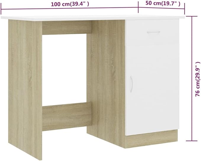 Modern Writing Computer Desk with a Drawer and a Door Home Office Desk Writing Study Table PC Desk Workstation for Bedroom White and Sonoma Oak 39.4x19.7x29.9 Engineered Wood(E)