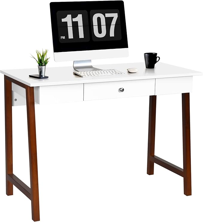 COSTWAY 42 Computer Desk with Storage Drawer Modern Home Office Writing Study Table with Solid Rubber Wood Legs &amp Non-Slip Foot Pads Multifunctional Makeup Vanity Dressing Table (Coffee and Whi