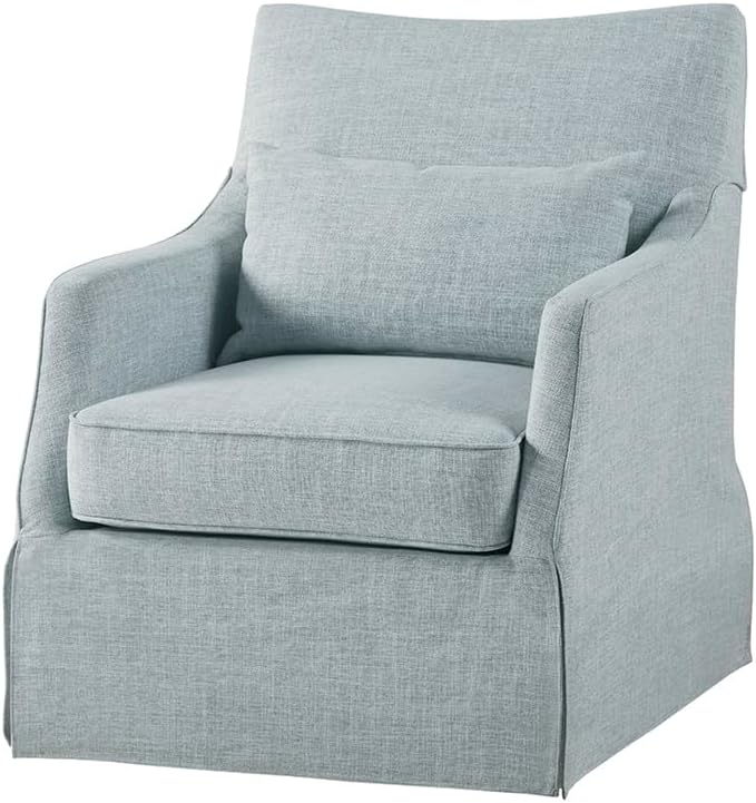 Martha Stewart London Swivel Chair - Solid Wood &amp Plywood Skirted Metal Base Accent Armchair Lumbar Pillow -Modern Classic Family Room Sofa Furniture Bedroom Lounge 28X31.5X35.25 Light Blue