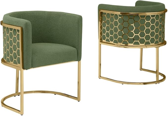 Modern Honeycomb Armchairs with Chrome Base Silver or Gold Frame Options (Teddy Fabric Green/Gold Side Chair)