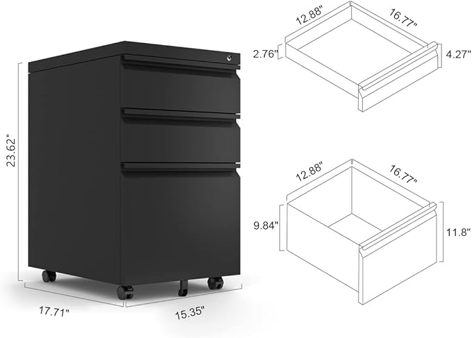 Mobile File Cabinet with Lock Office Storage Solution for Legal &amp Letter Size Documents Metal Filing Cabinet with Printer Stand Pre-Assembled Except Casters (Black 3 Drawers)