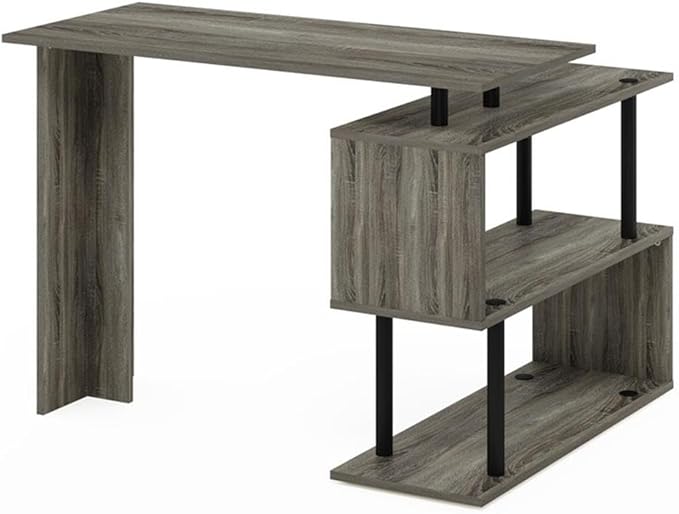 Pemberly Row L-Shape Computer Desk French Oak/Black Finish 3-Tier Shelves Reversible Corner Design Durable Composite Wood Compact for Small Rooms Modern Style Home Office Desk
