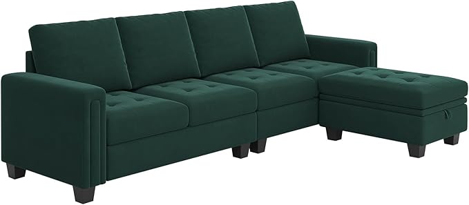 Belffin Velvet Reversible Sectional Sofa with Chaise Convertible L Shaped 4-seat Sectional Couch with Storage Ottoman Green