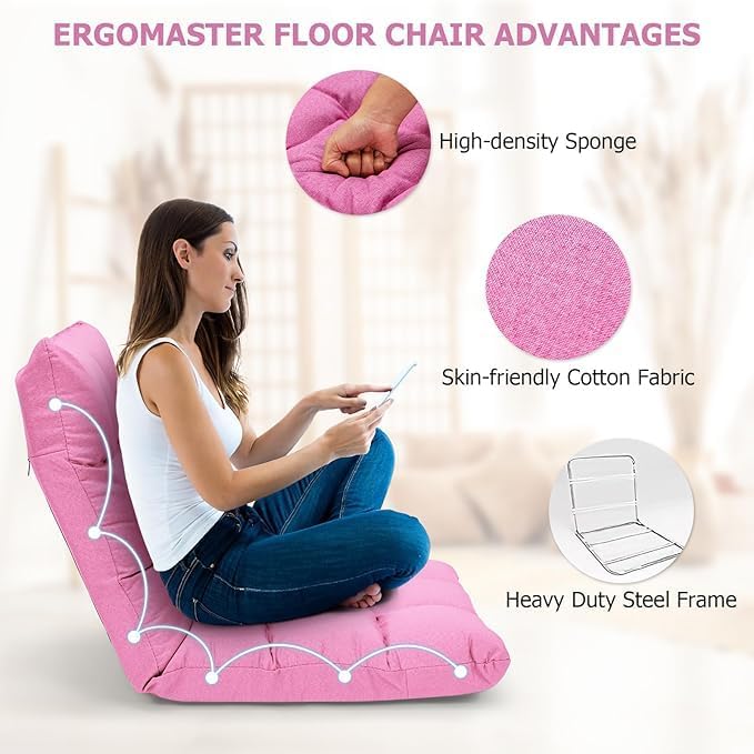 ERGOMASTER Pink Floor Gaming Chair Memory Foam Folding Floor Chair14-Position Adjustable Gaming Chair 264 lbs Capacity for Video Games Relaxing Reading Lightweight Foldable Recliner for Adults