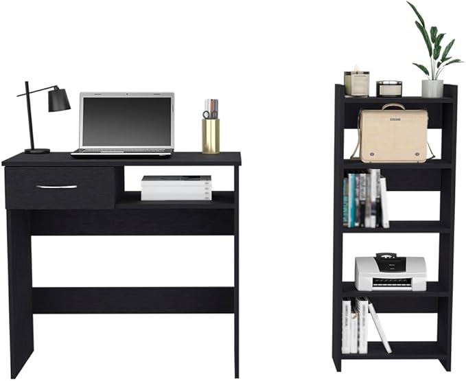Kaimei Home Office Desk with Keyboard Tray and Drawer - Spacious Work Surface - Modern Black Wengé Finish