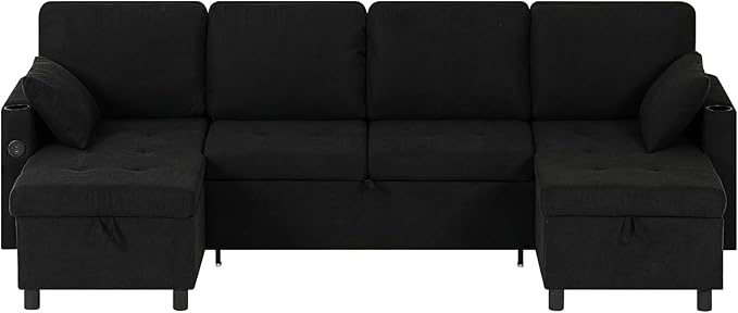 110 Inch Sleeper Sofa Bed w/7 Angles Adjustable Backrests Fabric sectional Sofa Bed w/USB Port Convertible U-Shaped Couch Bed w/Storage Chaise &amp Thicker Cushions for Living Room Black
