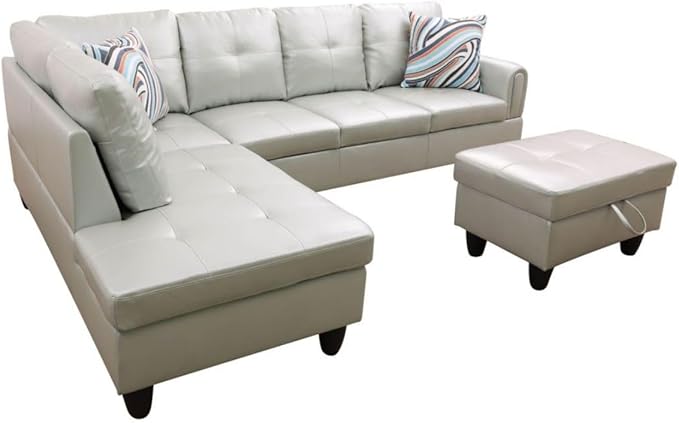 Silver Green L-Shaped 3-Piece Faux Leather Sofa with Storage Ottoman Set Sectional Couch Sofa Set for Living Room Office Small Space